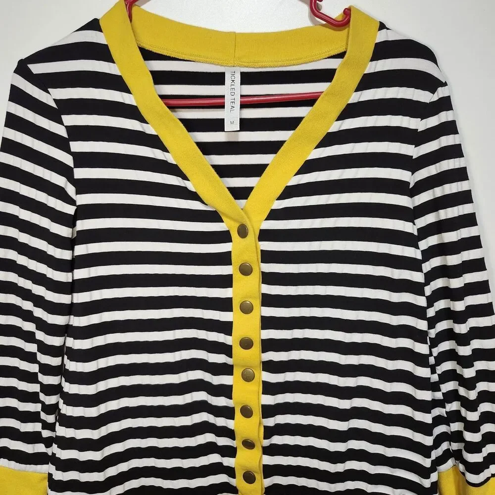 Tickled Teal Striped Snap Front Cardigan Black White Yellow Hipster M (Small) - Picture 3 of 11